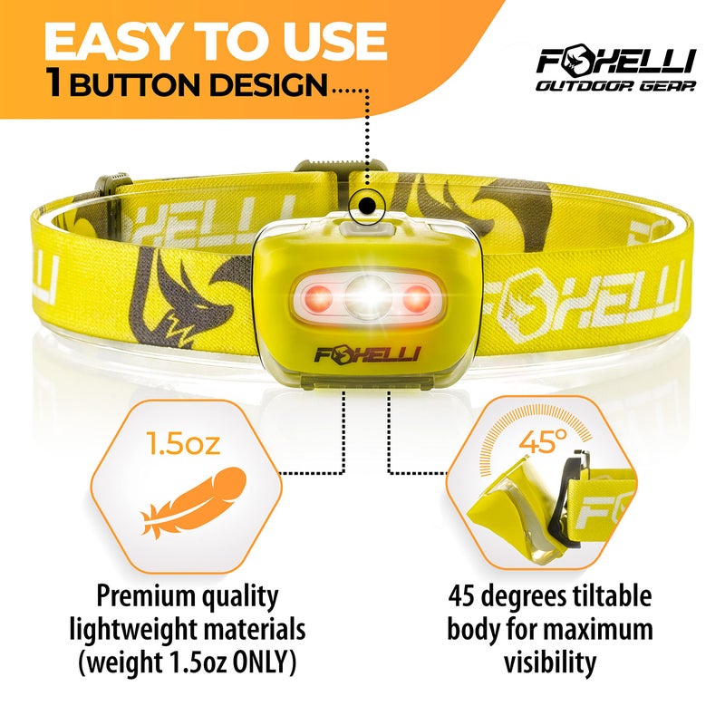 Foxelli LED Headlamp Flashlight for Adults & Kids, Running, Camping, Hiking Head Lamp with White & Red Light, Comfortable Headband, Lightweight & Waterproof, 3 AAA Batteries - Image 2